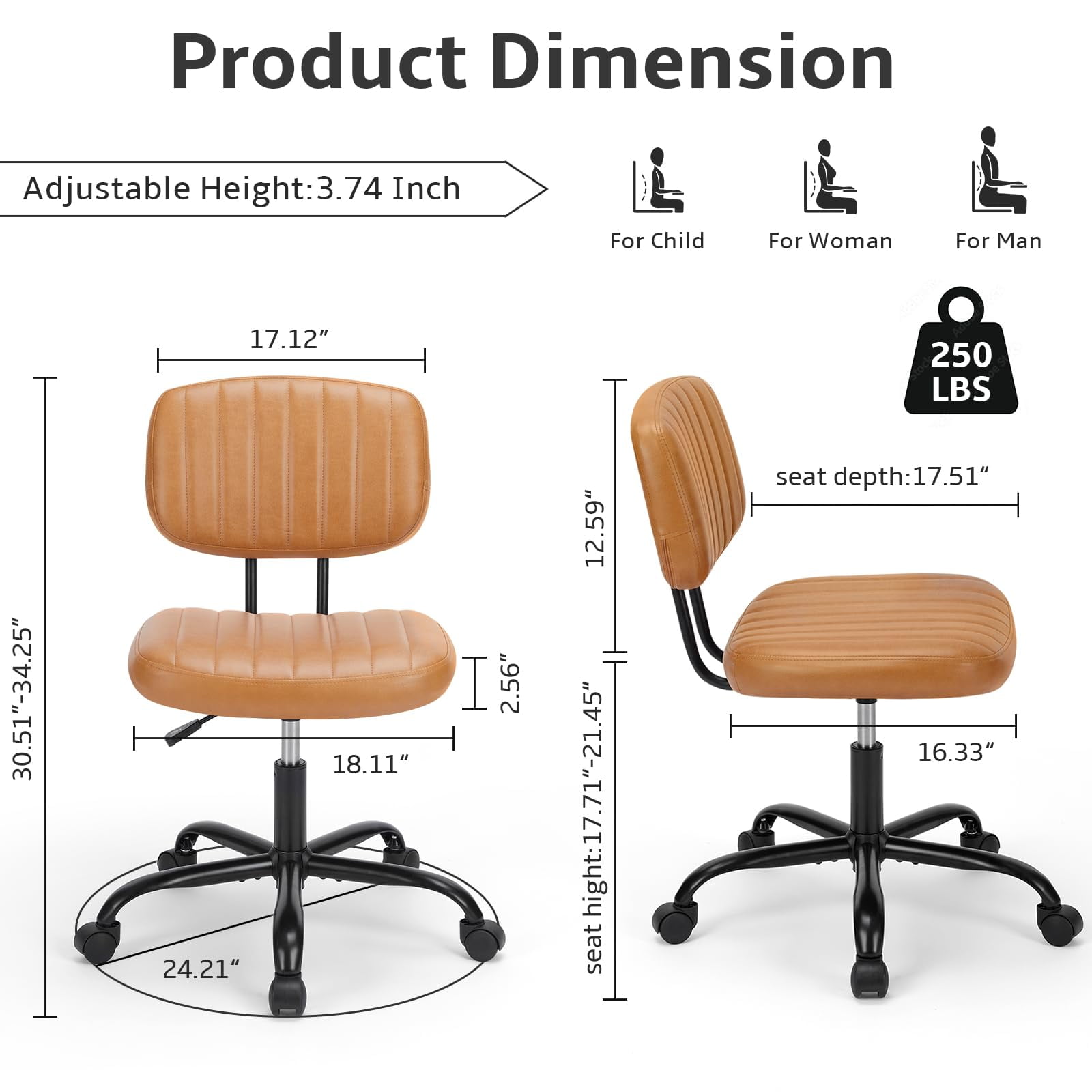 edx Adjustable Height Armless Office Desk Chair with Wheels, PU Leather Mid Back 360°Swivel Small Computer Chair, Modern Task Chair for Home Office Reading Meeting Room, Brown