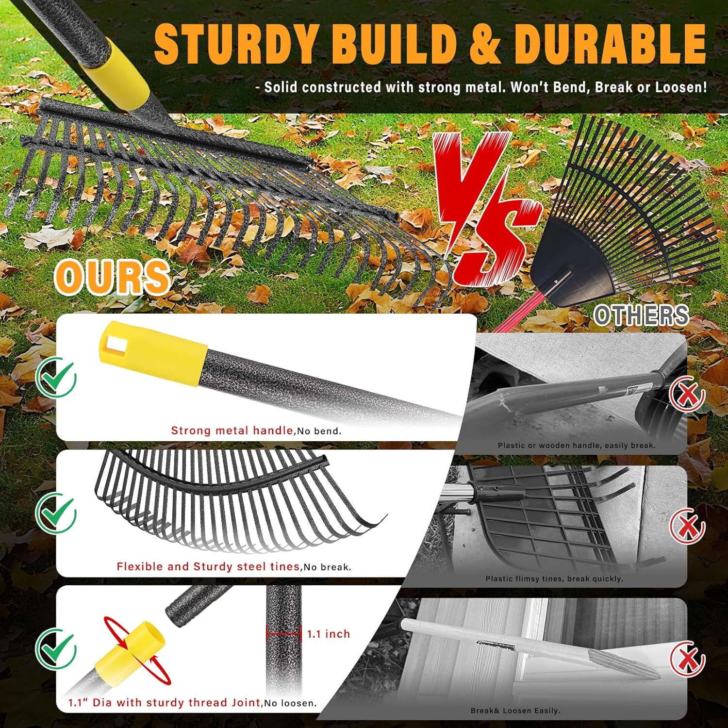 Rake for Leaves - 25 Tines Heavy Duty Metal Set with Leaf Scoops & Collector Bag, Adjustable Rakes Lawns, 3-in-1 Collection Tool Efficient Yard Pine Needle Grass Cleanup 5FT