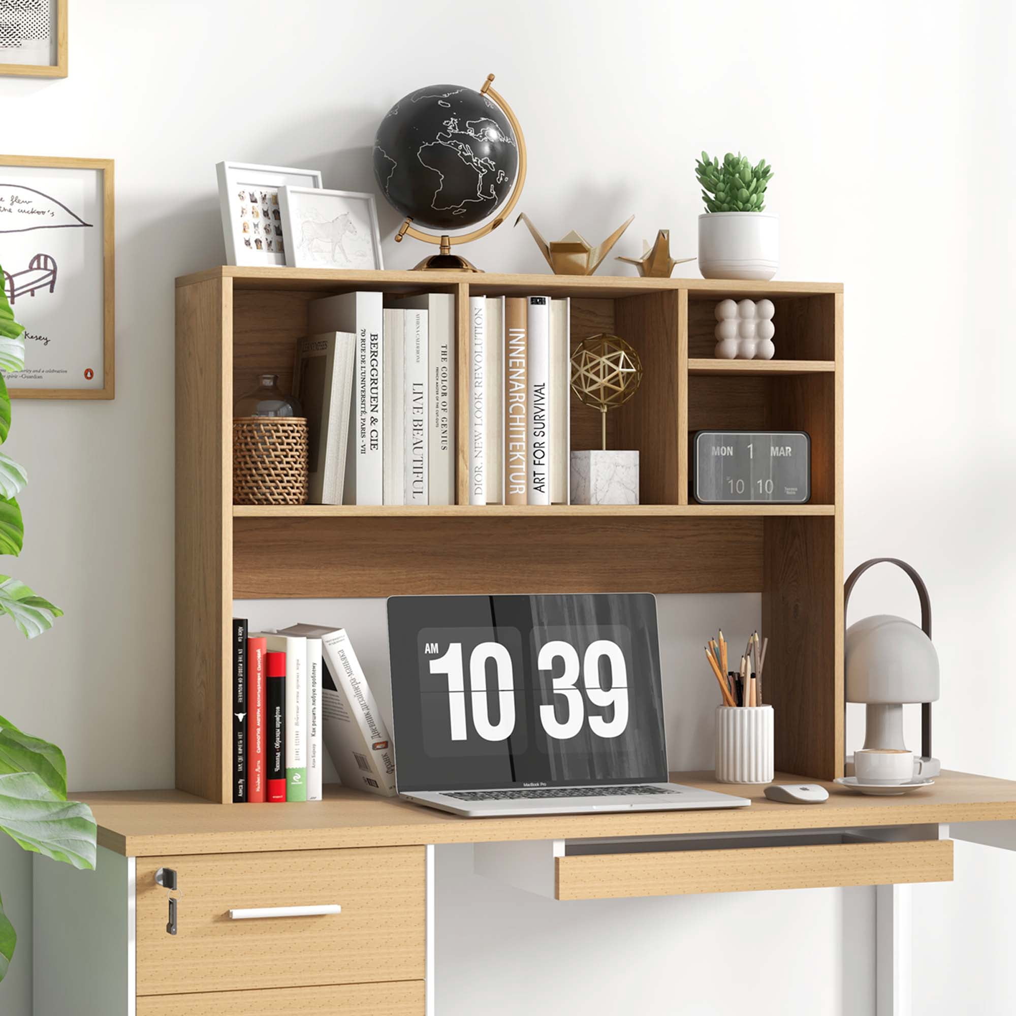Costway Computer Desktop Bookcase Countertop Storage Bookshelf Organizer with 4 Cubbies, Natural
