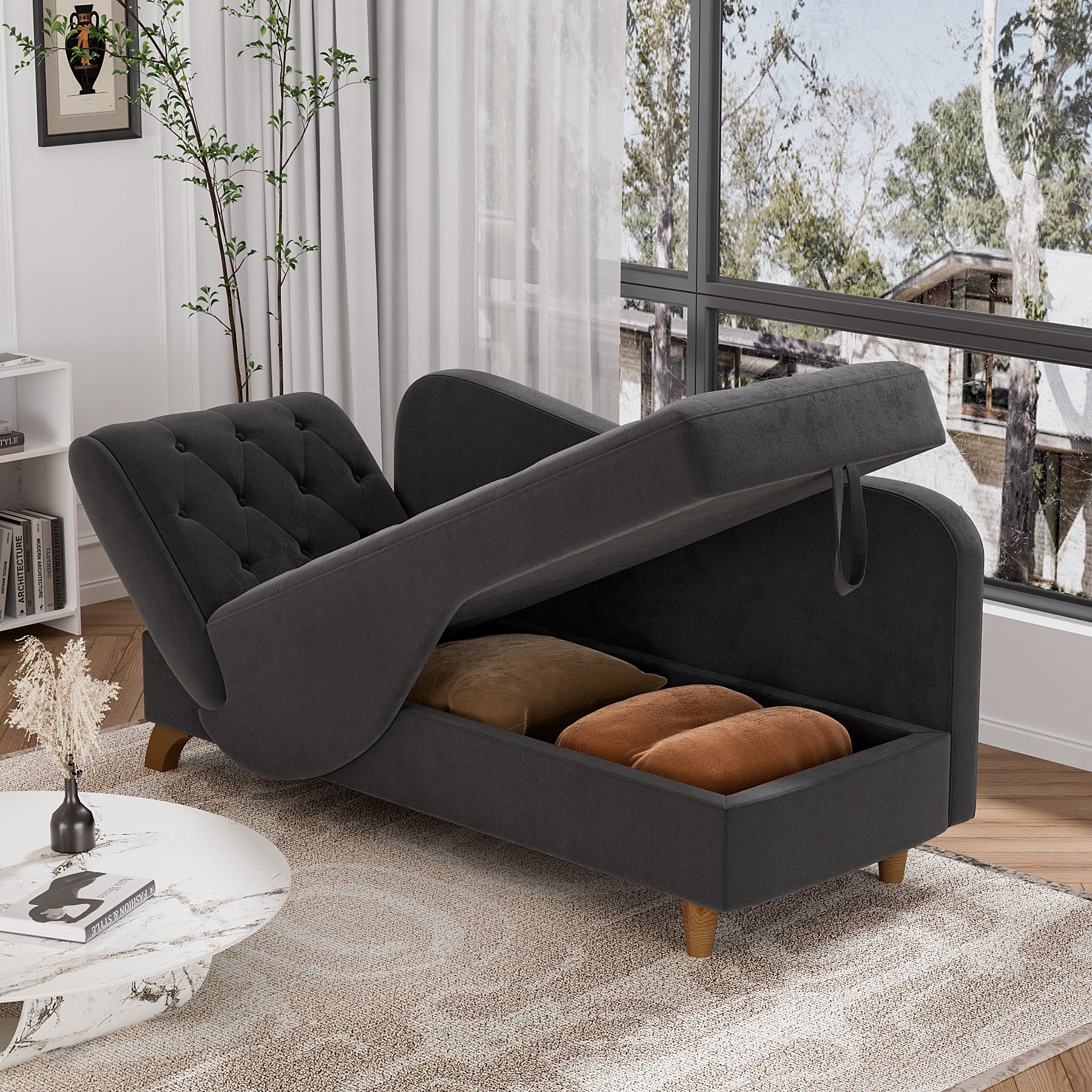 Wiilayok Chaise Lounge Chair Indoor Furniture with Storage Pillow,Adjustable Recling Sleeper Sofa Lounge Chair,Velvet Futon Sofa Couch Bed for Living Room Bedroom,Black