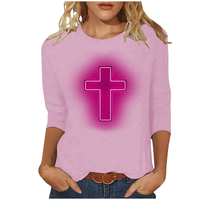 RKSTN Hauts pour Femmes Tendance Mode Décontractée Crucifix Imprimé Col Rond T-Shirt Manches 3/4 Couleur Unie Coupe Ajustée Blouse de Printemps Été Hauts