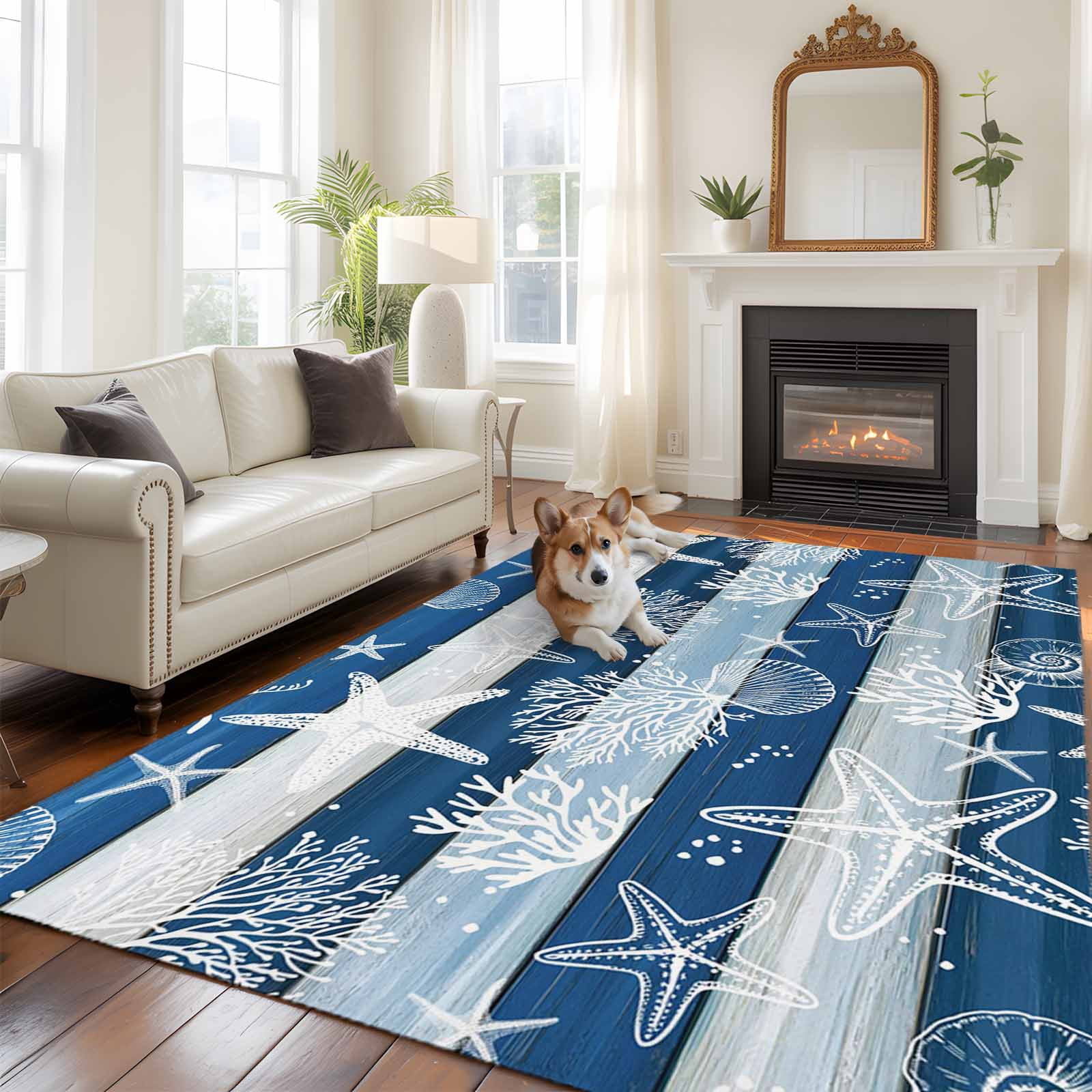 Large Area Rugs for Living Room Bedroom, Navy Blue Coastal Beach 8'x10' Rug Washable Carpet Runner Indoor Outdoor, Nautical Starfish Coral Vintage Wooden Non Slip Floor Mats Rug for Kitchen, Patio