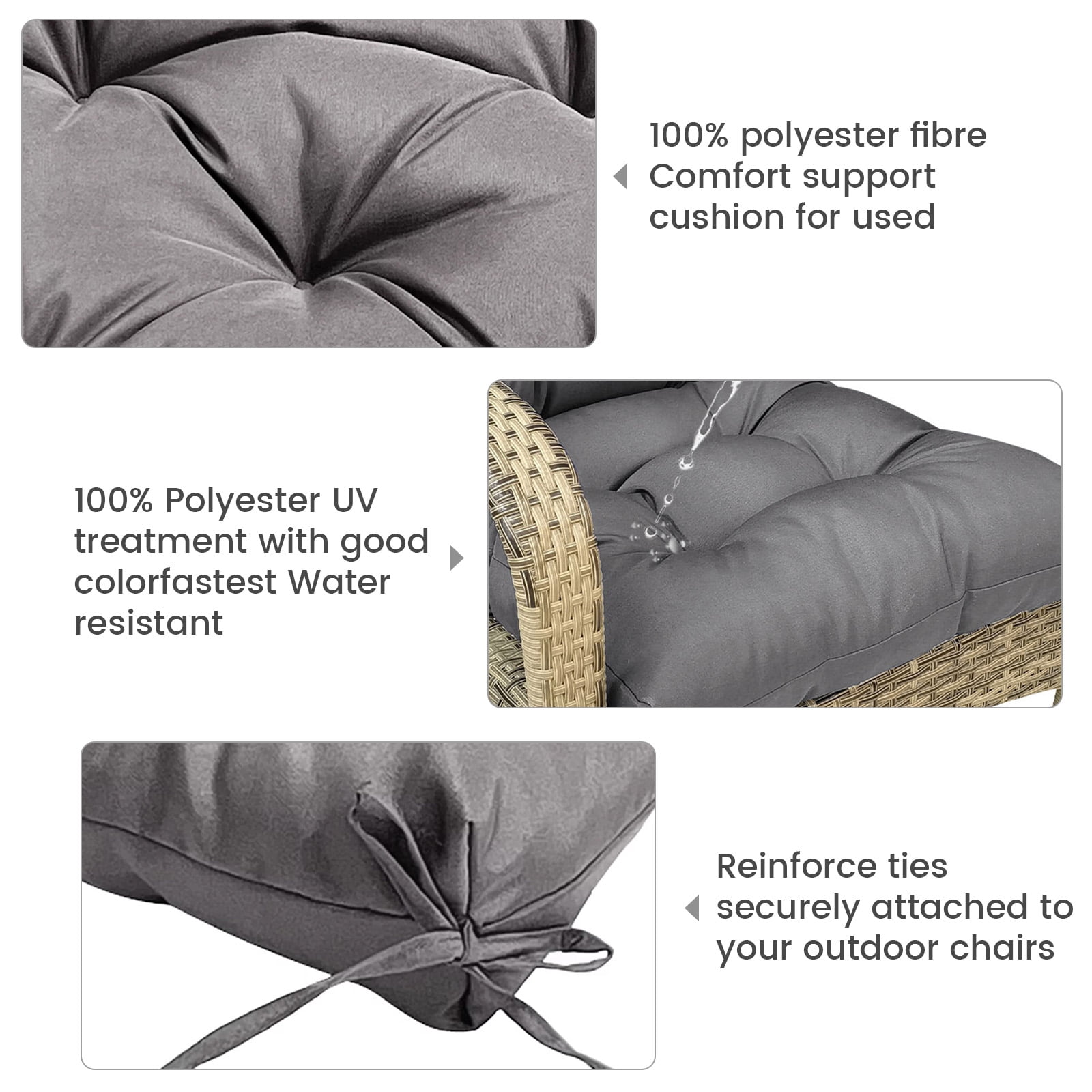 SHANNA Outdoor Chair Cushions, 4 Pack Tufted Thicken Waterproof Patio Chair Pad Wicker Chair Seat Cushion with Non-Slip Ties for Outdoor Furniture, Dark Gray