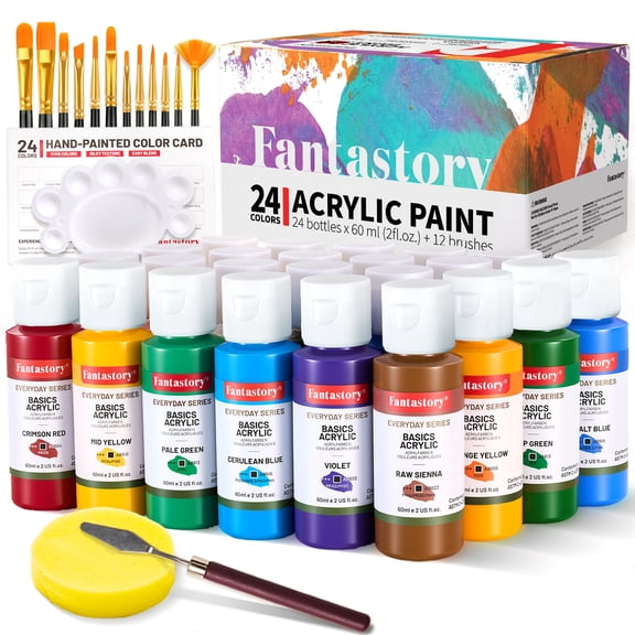 Fantastory Acrylic Paint Set, 2oz 24 Colors Acrylic Craft Paint with 12 Brushes