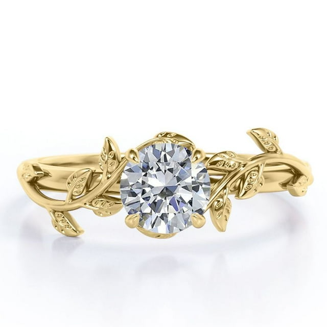Anillo de compromiso bohemio JeenMata de moissanita de corte redondo de 2 quilates - Anillo de promesa vintage de moissanita - Chapado en oro amarillo