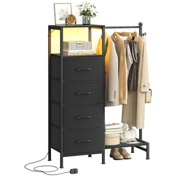 Dresser for Bedroom with Reversible Hanging Rack, 4 Drawers Dresser with LED Lights, Fabric Dressers with Open Shelf, Chest of Drawers with Clothes Rack, Kids Dressers for Bedroom, Black