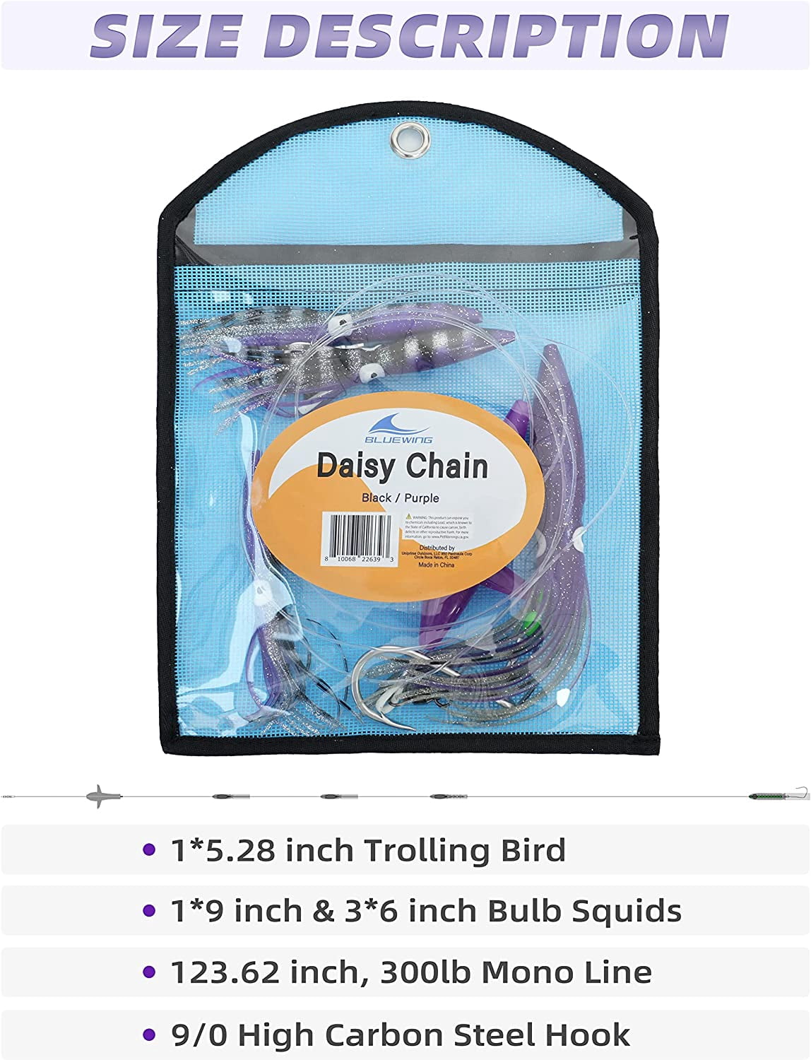 BLUEWING Daisy Chain Big Game Daisy Bird Bulb Squid Trolling Bird Tuna Lures Fishing Teasers for Marlin Sailfish Fishing Black/Purple