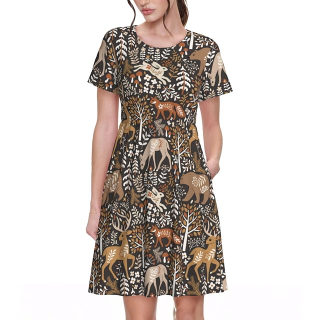 Easygdp Moose fox bear leaf tree para Vestido Transpirable de Mujer, Vestido Suelto de Manga Corta con Pliegues y Bolsillos para el Verano