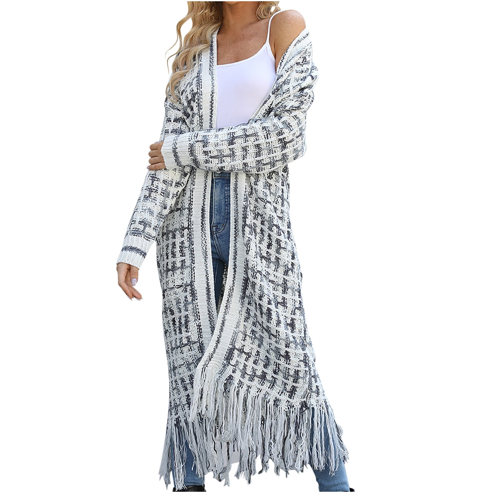 Cardigans Sweaters for Women Long Sleeve Open Front Tassels Oversized Knitted Coats Knee Length Checkered Color Block Soft Outerwear Sweater