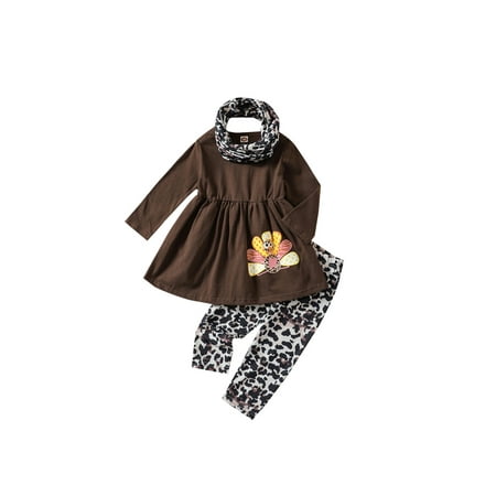 

Canrulo Toddler Baby Girl Thanksgiving Outfits Long Sleeve Turkey Ruffle T-Shirt Top Pants Scarf 3Pcs Clothes Brown Leopard 2-3 Years
