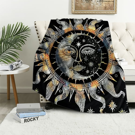 JRXY Sun and Moon Blanket for Women Kids Girls Boys Men Adults Gothic Witch Presents for Birthday Christmas Horror Spooky Decor Thanksgiving Easter Black Throw White