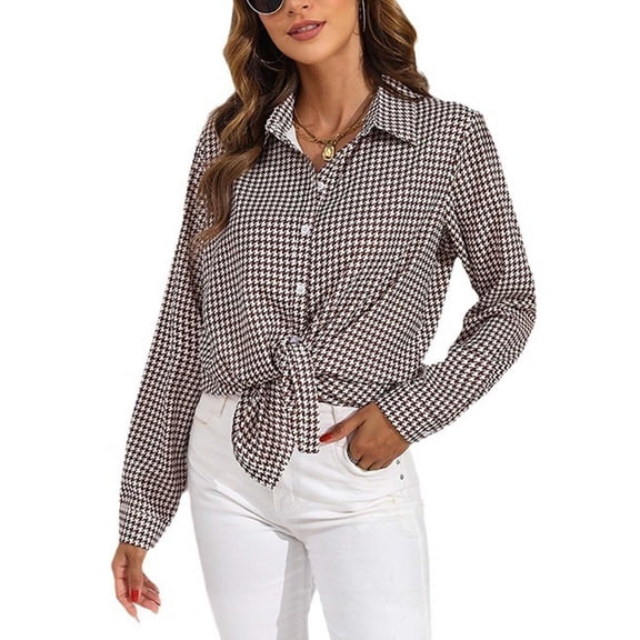 jinghuiyue Women Shirts Button-up Collared Long Sleeve Plaid Shirt Business Office Casual Tops M