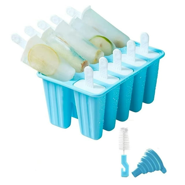 Binwennn DIY Silicone 10 Pieces Silicone Ice Tray Reusable Ice Maker Tools + Cleaning Brush + Funnel Show Tray Stacking Trays with Silicone Ice Trays Large Silicone Freezer Cups with Lids Ice Trays