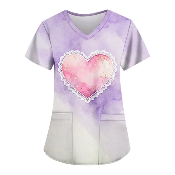 Valentine Day Scrub Tops for Woman V Neck Short Sleeve Plus Size Scrubs Love Heart Print Quick Dry Medical Nursing Top with Pockets Light Purple M