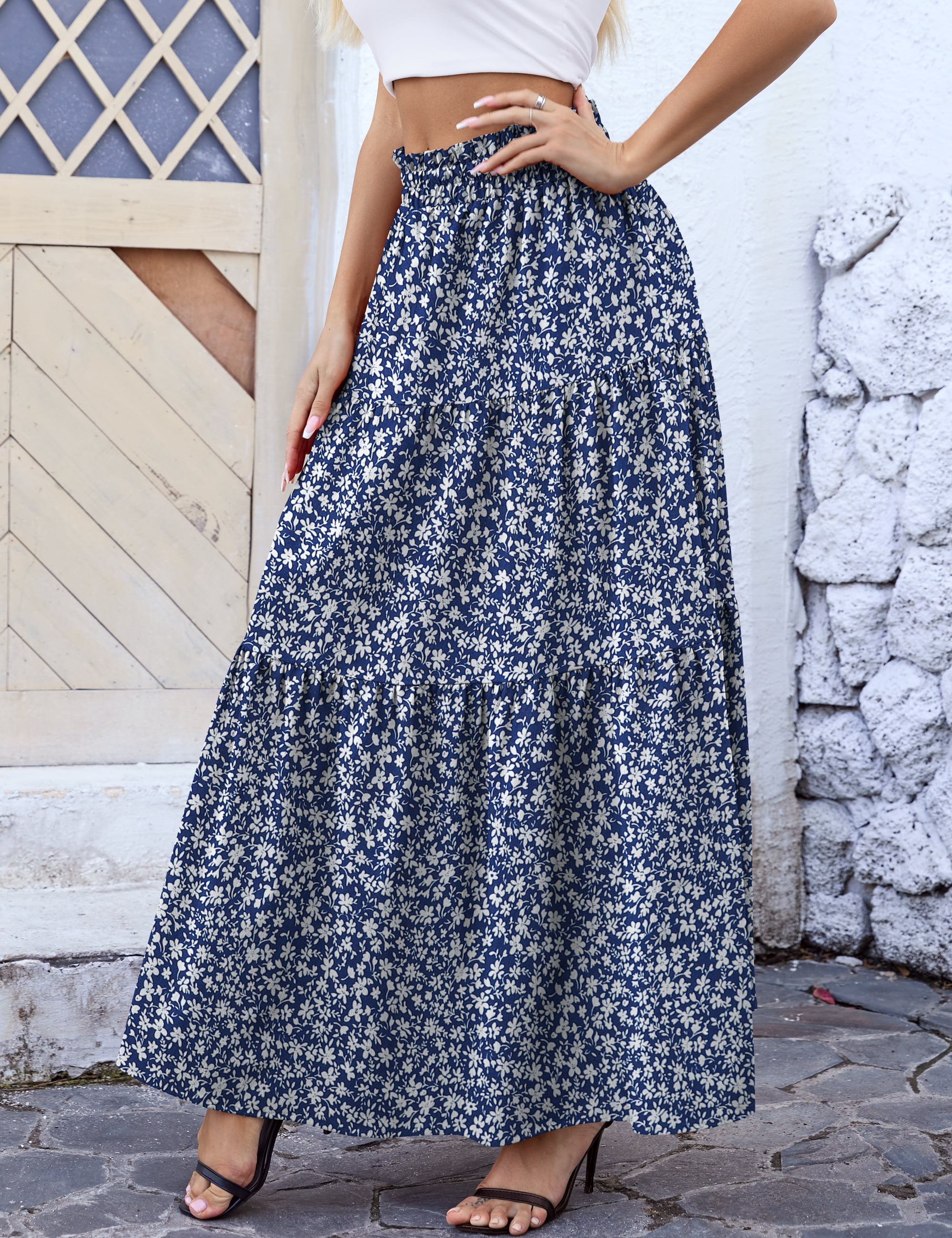 a.Jesdani Womens Skirts Casual High Waist Ruffle Swing Beach Maxi