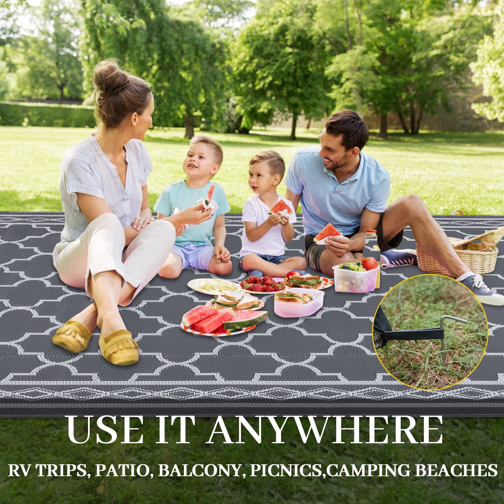 Nanan 10x14 Outdoor Rug,Lightweight Reversible Outdoor Rug, Trellis Pattern with Decorative Diamond Border, Weather Resistant Easy Clean for Garden, Balcony, Poolside, Picnic, Gray