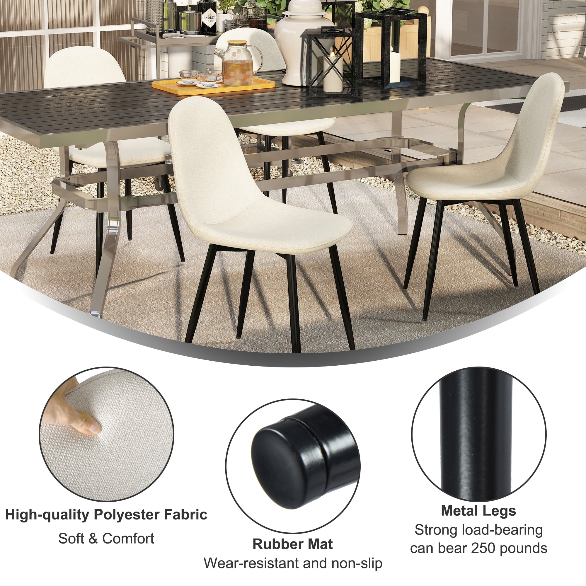 Ensemble de table à manger Homy Casa 160 cm naturel avec 4 chaises beiges, piètement en métal, pour cuisine ou salle à manger