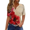 thumbnail image 6 of JTZGDY Western Shirts for Women Loose Fit Casual Vintage Floral Printed Summer 3/4 Smoked Cuff Sleeve Button V Neck Henley Tops Khaki#01 S, 6 of 8