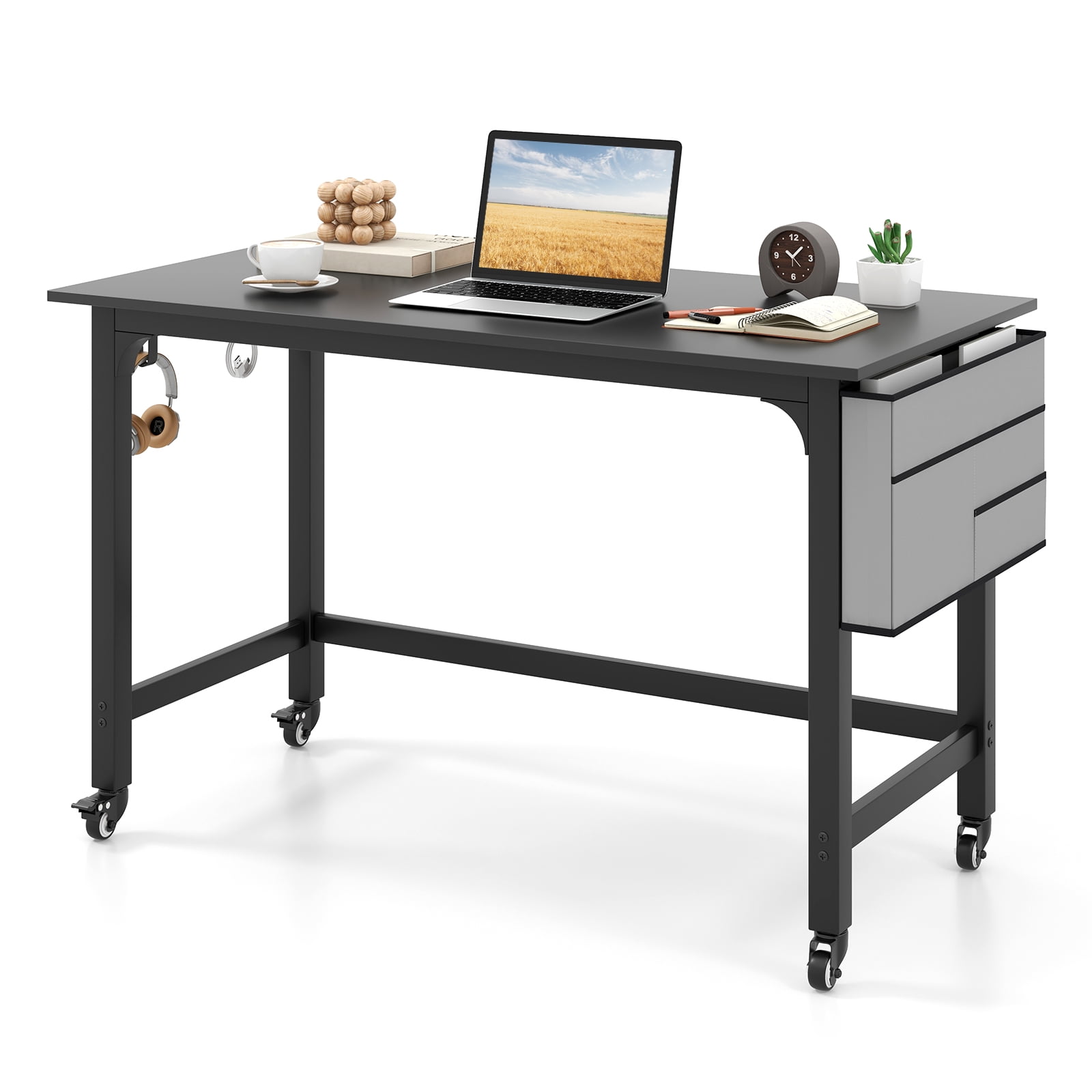 Patiojoy Rolling Computer Desk 48" Study Writing Desk with 4 Universal Wheels Reversible Storage Bag & 2 Earphone Hooks