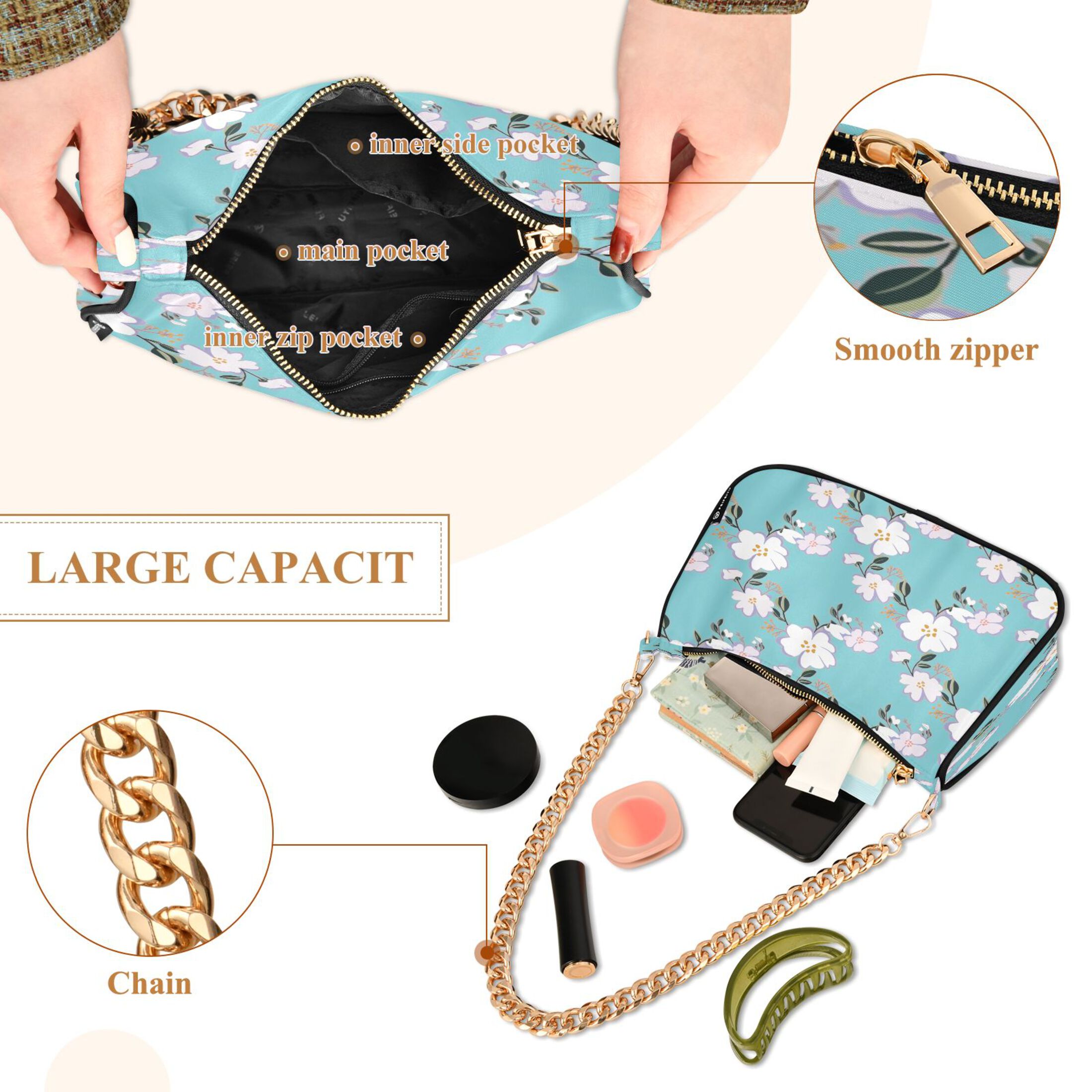 Ryvnso Colorful Spring Floral Womens Chain Shoulder Bag Tote Handbags Clutch Hobo Purse with Zipper for Travel