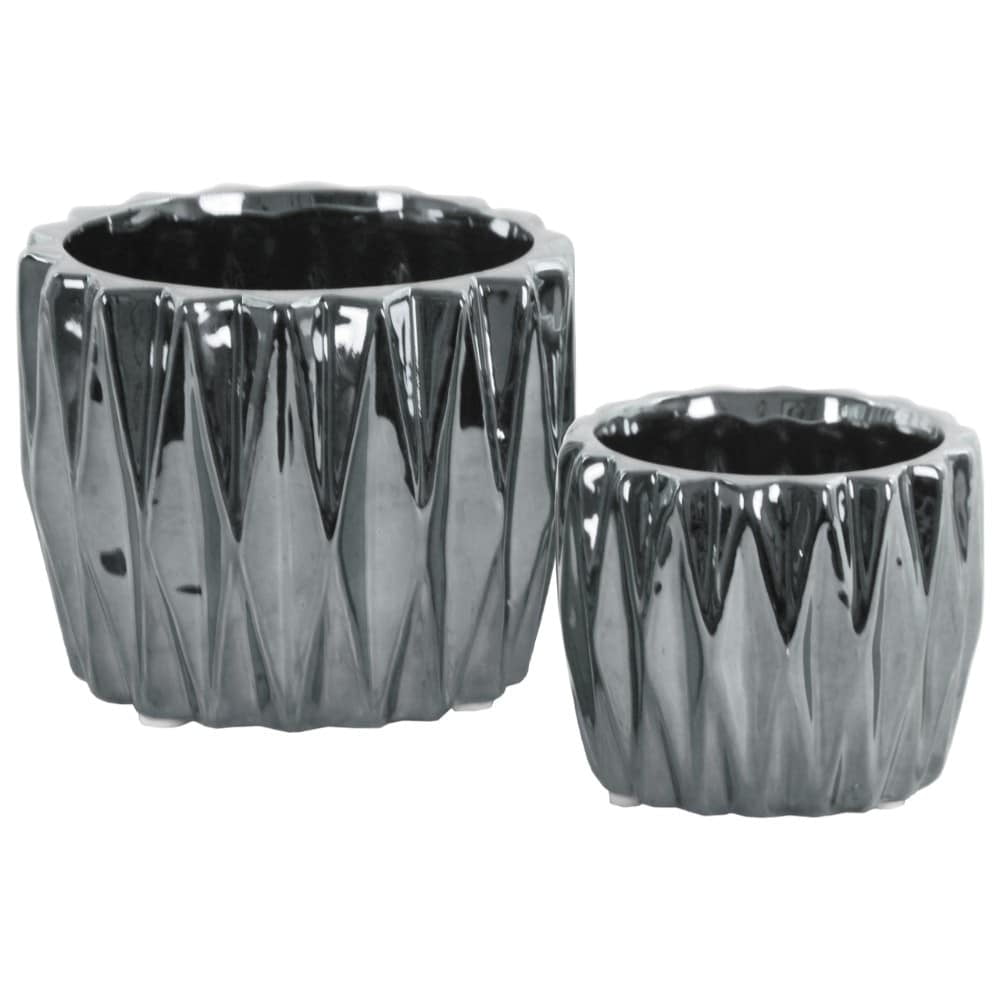 Set of Two Silver Benzara BM179446 Round Ceramic Vase with 3D Triangle Pattern