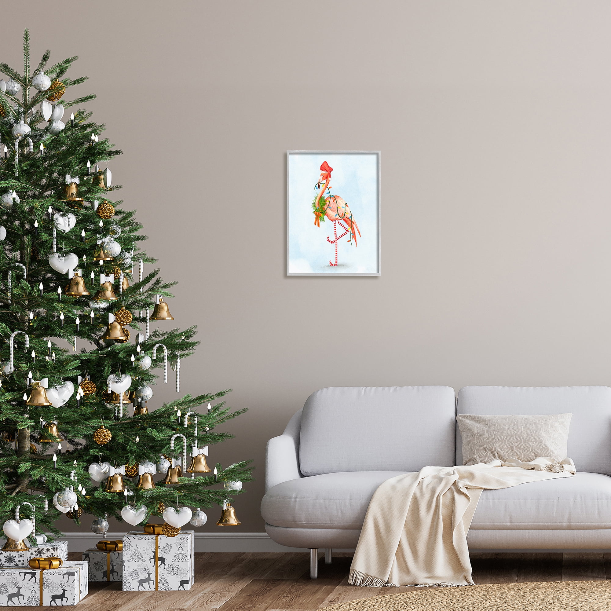 Festive Flamingo Christmas Lights Wreath Striped Stockings Coastal Painting Framed Art Print Wall Art