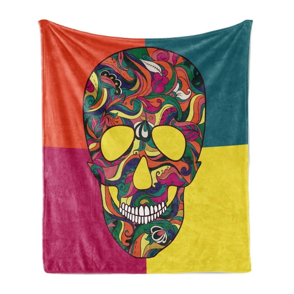 Sugar Skull Soft Flannel Fleece Blanket, Colorful Calavera Themed Artwork Catrina Day of the Dead Mexican Culture Theme, Cozy Plush for Indoor and Outdoor Use, 50" x 70", Multicolor, by Ambesonne
