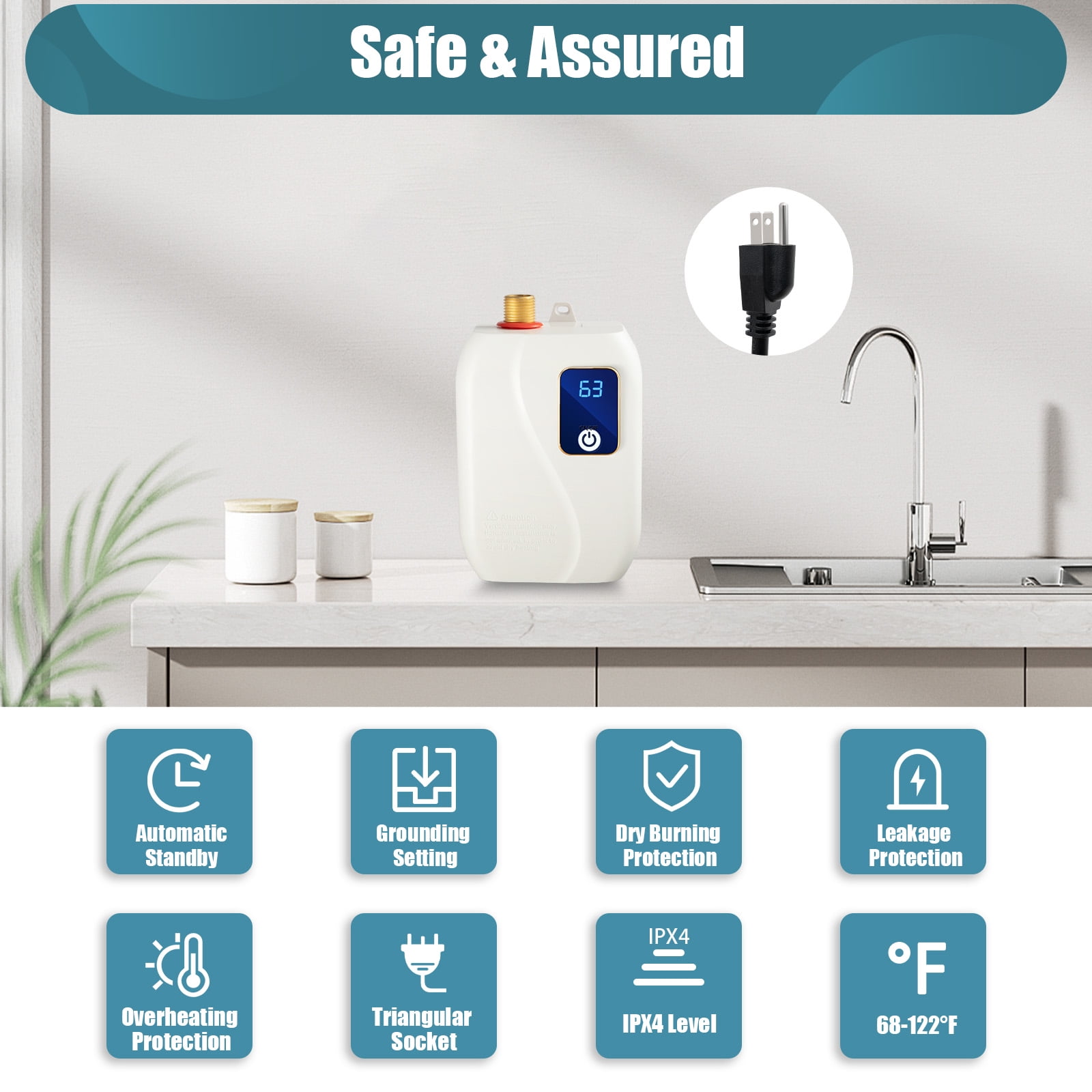 3000W Mini Electric Water Heater, Under Sink Instant Water Heater with 3.44ft Power Cord for Kitchen 110V