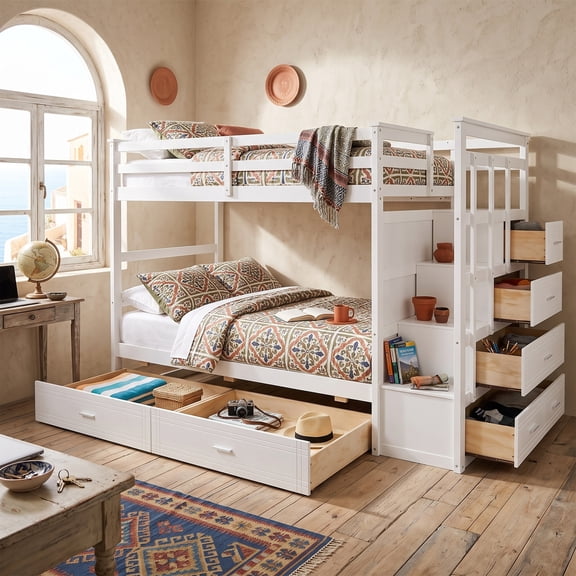 Stairway Bunk Bed Twin over Twin, Solid Wood Bunk Bed with Storage Drawers, Study Bunk Beds for Kids, Teens, Adults, Space Saving Bed Frame, White
