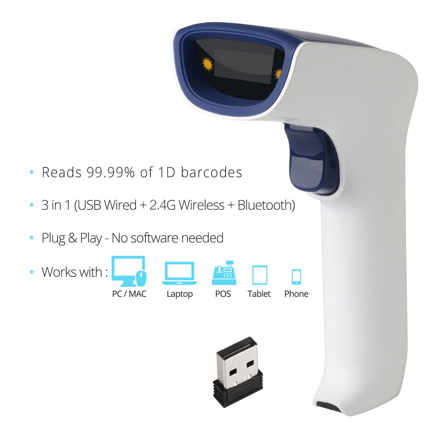 ScanAvenger SA3500 1D Wireless Barcode Scanner - Bluetooth, Wi-Fi, USB, Rechargeable Handheld