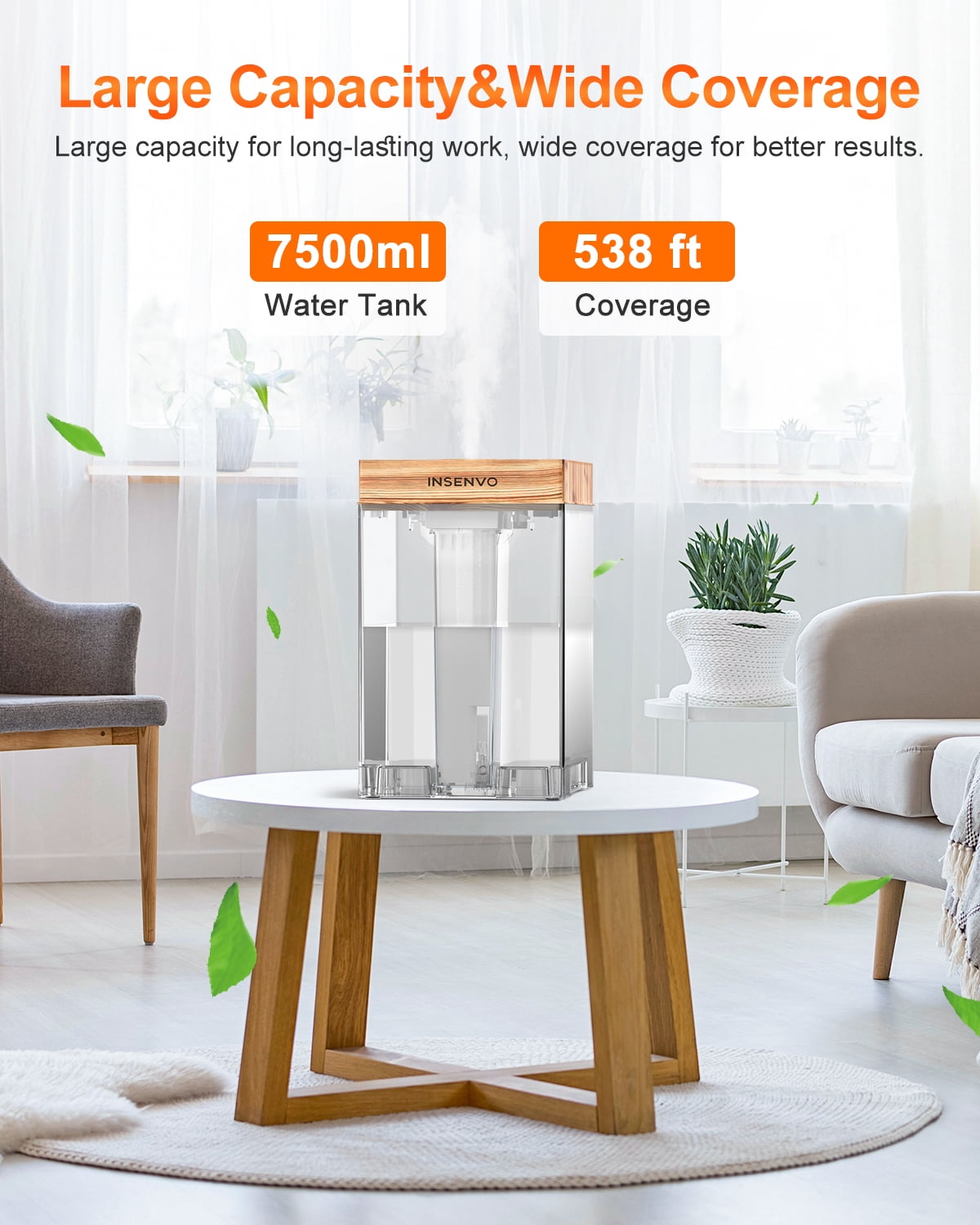 7.5L Humidifier with Anti-leak Design & Top Fill, Ultrasonic Cool Mist Air Humidifiers, Disassemble & Clean Easily, Auto Shut-off, Wood Pattern