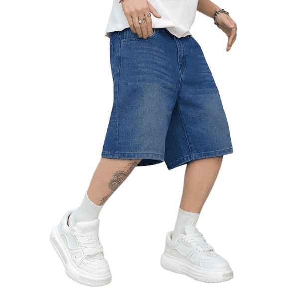 Olaglory Mens Baggy Jean Shorts Loose Fit Vintage Wide Leg Jorts Y2K Streetwear Hip Hop Casual Long Denim Shorts, Dight Blue