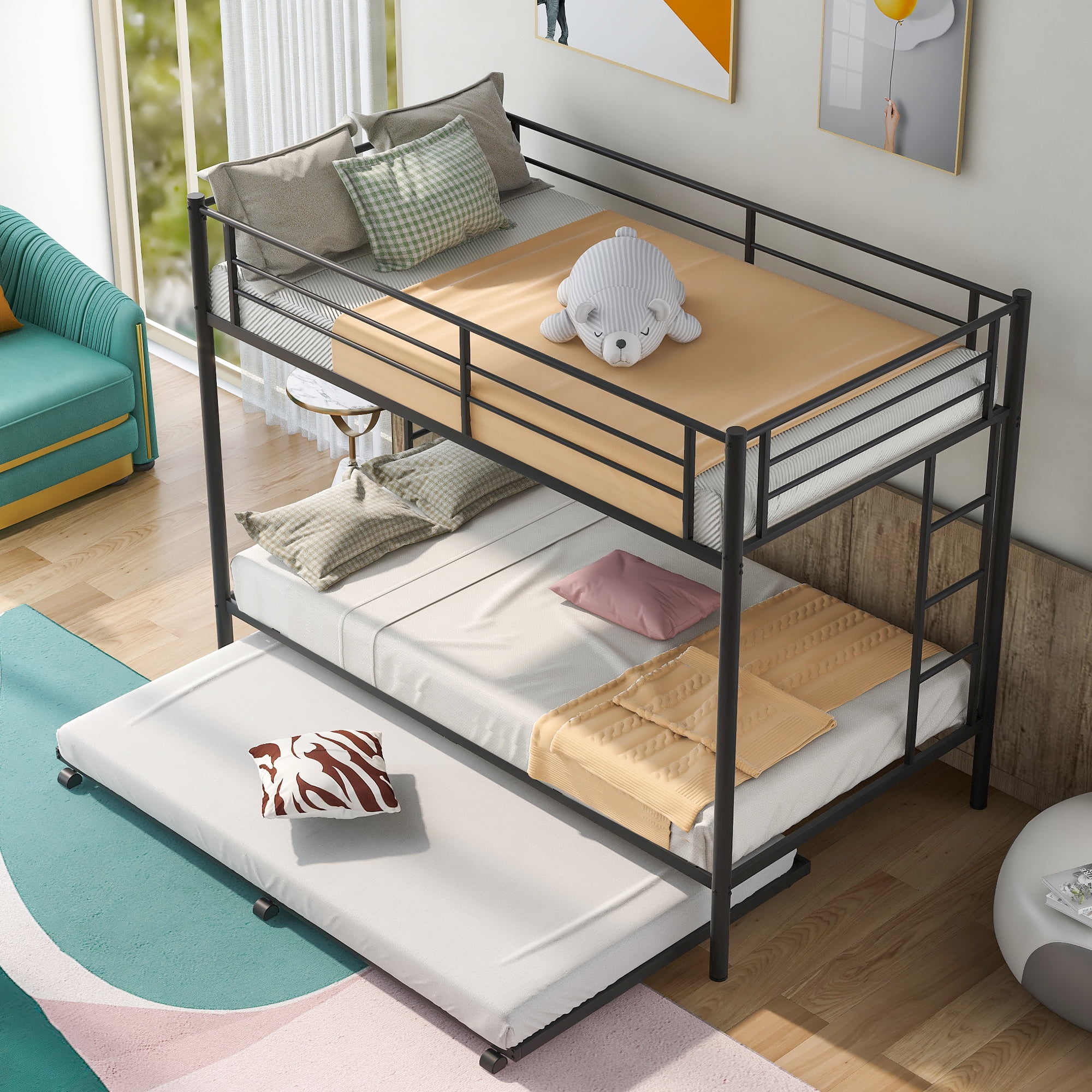 ENYOPRO Bunkbed with Roll Out Trundle Bed Frame, Twin Over Twin Metal Bunk Bed, Trundle Twin