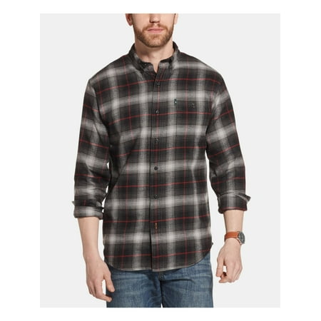 G.H. BASS Mens Black Easy Care, Plaid Collared Classic Fit Thermal Dress Shirt L
