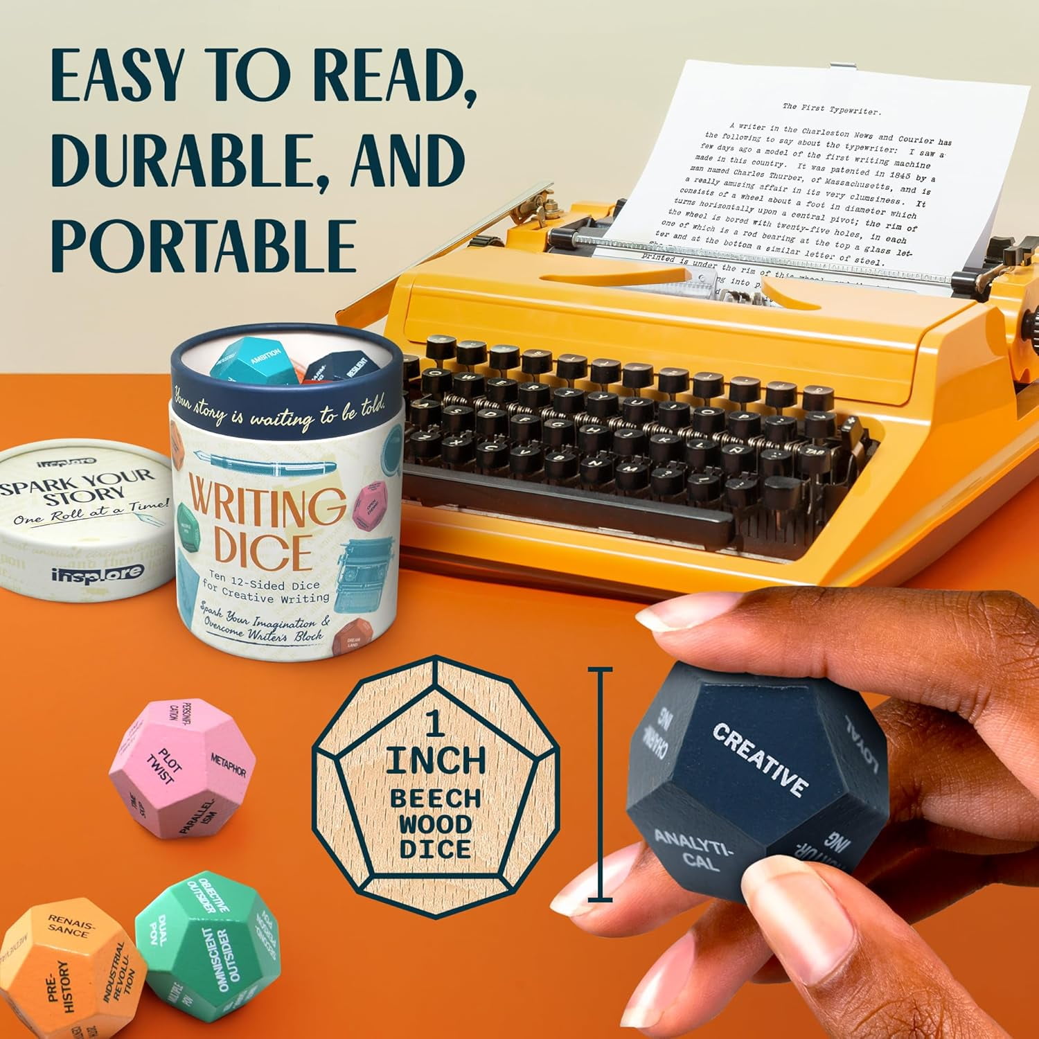 Insplore 12-Sided Writing Dice – Giftable Creative Writing Tool for Beating Writer's Block - 120 Inspiration Prompts Plus Fun Games and Challenges - Great Gift for Teen and Adult Authors