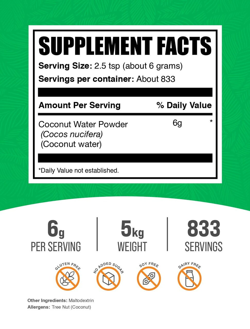 BulkSupplements Coconut Water Powder, Electrolyte Supplement, Energy Support, 5kg, 833 Servings