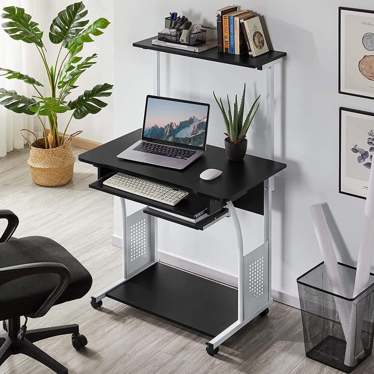 JessieMal 2 Tier Mobile Computer Desk with Printer Shelf & Keyboard Tray Rolling Computer Table for Small Spaces, Compact Study Workstation with Wheels, Space Saving, Black