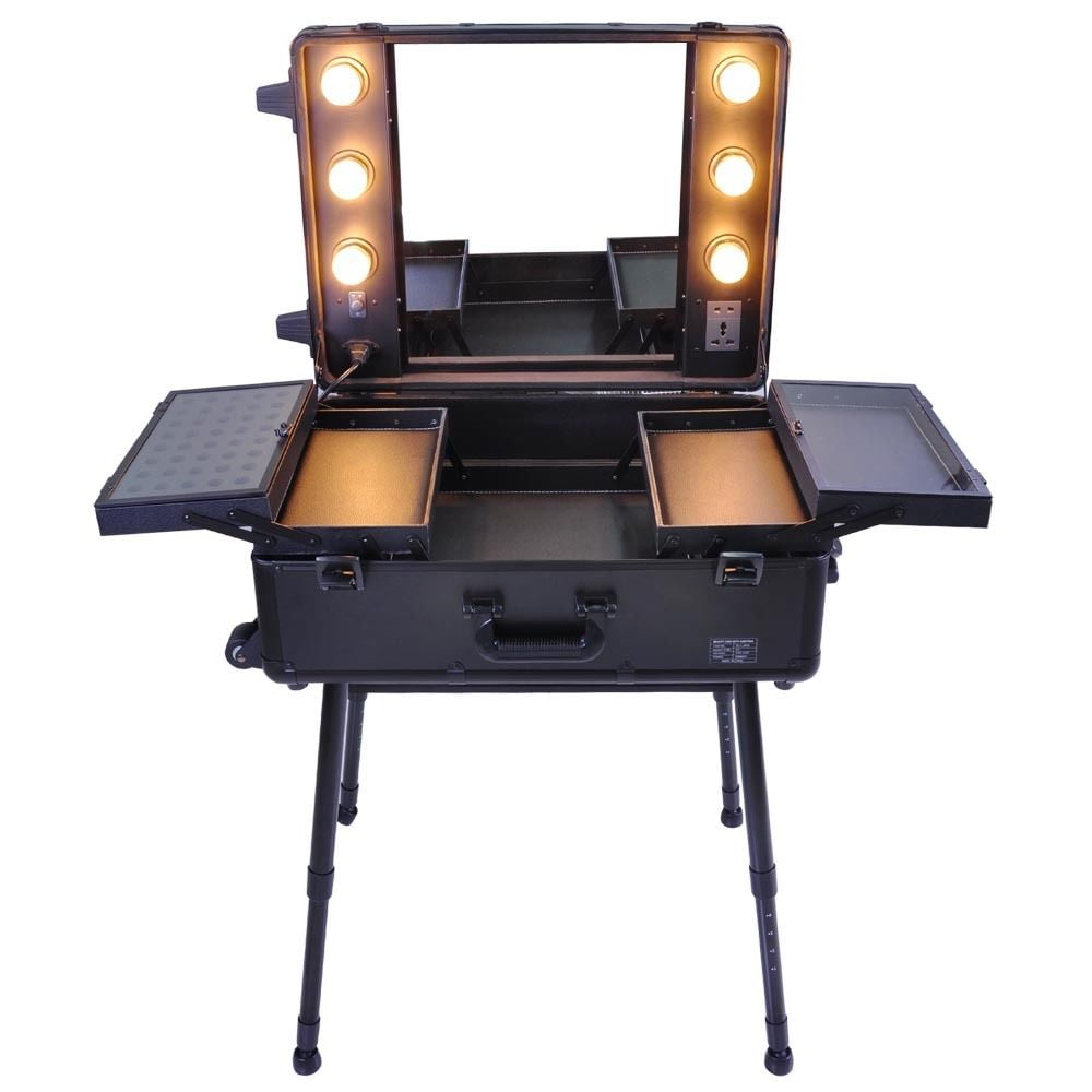 Rolling Studio Makeup Case Artist Cosmetic Led Light Bulbs Adjustable Leg Mirror