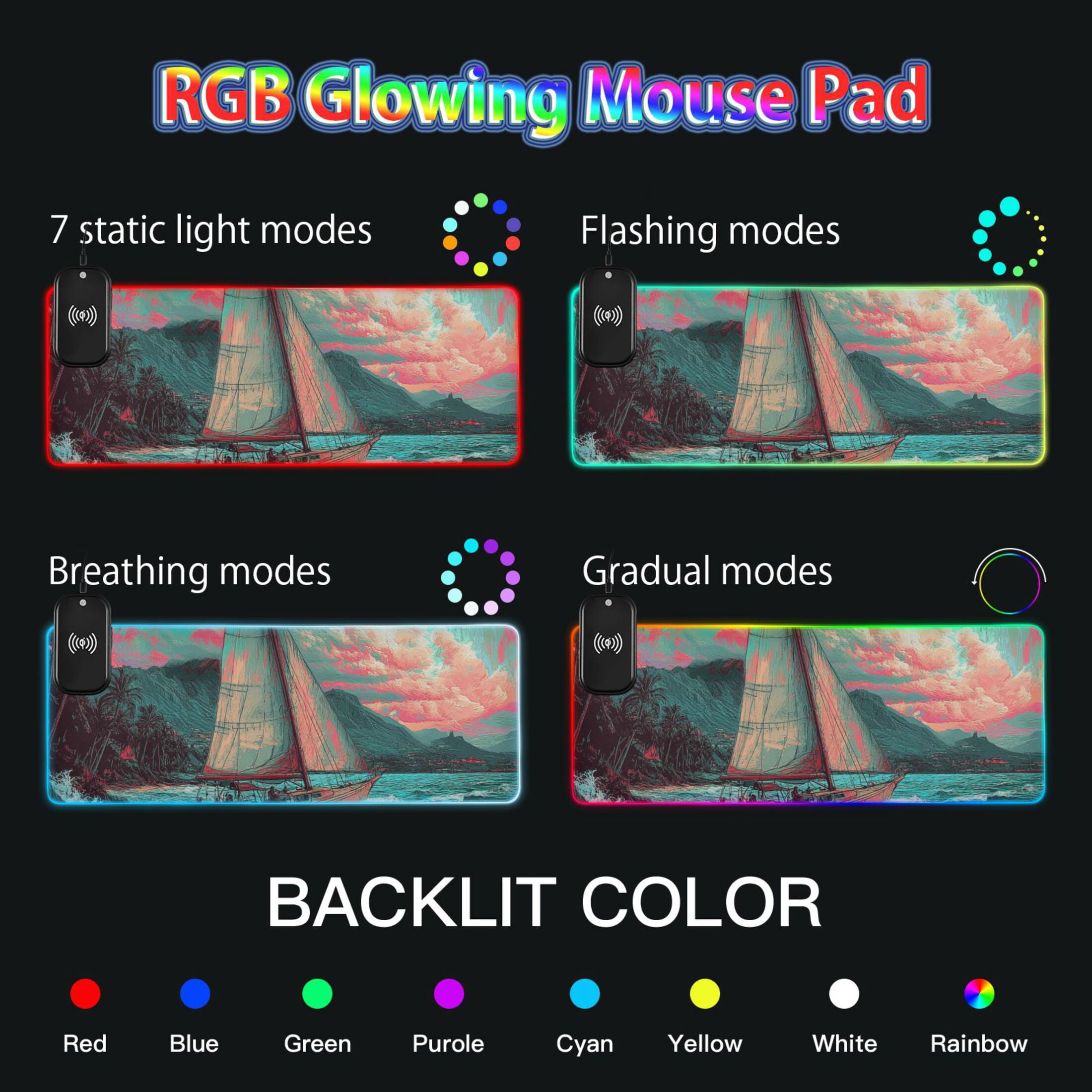 Sailboat at Sea RGB Gaming Mouse Pad Large Keyboard Mat Rubber Base 13 Light Modes