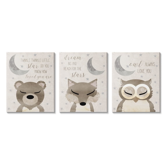 Stupell Industries Nighttime Animals & Lullabies Animals & Insects Painting Gallery Wrapped Canvas Art Print Wall Art, 11 x 14, Set of 3