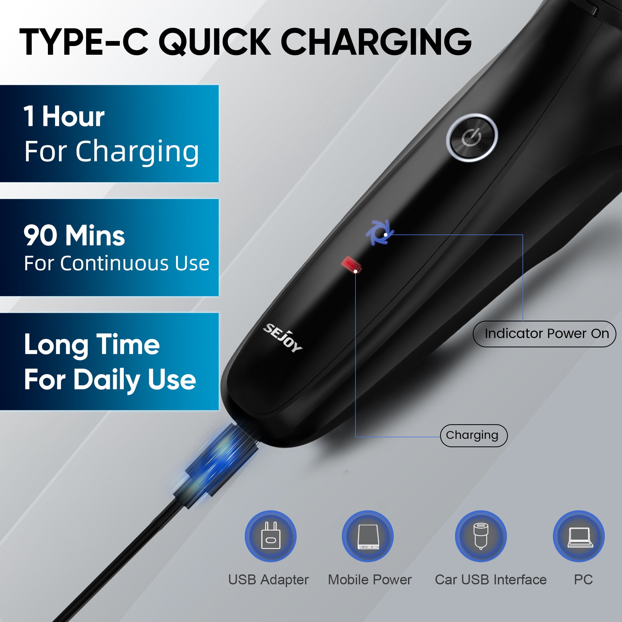 Sejoy Electric Razor for Men,Portable Men's 4D Rotary Shaver,Cordless Rechargeable Beard Trimmer with Pop-Up Trimmer,LCD Indicator,Black