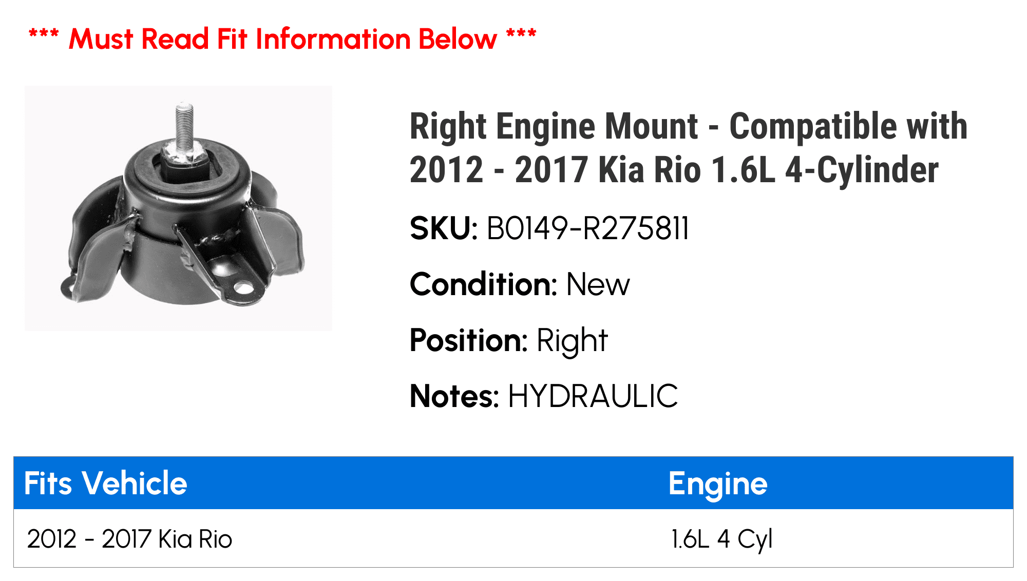 Right Engine Mount - Compatible with 2012 - 2017 Kia Rio 1.6L 4-Cylinder 2013 2014 2015 2016