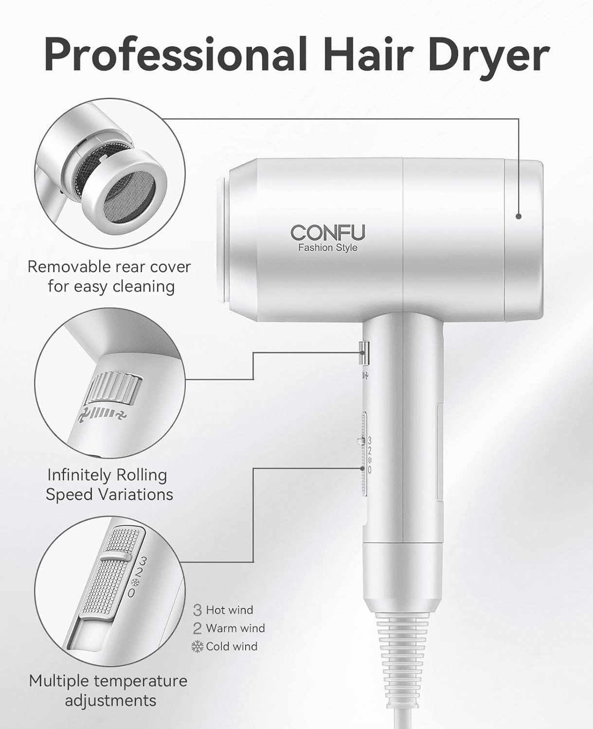 CONFU Ionic Blow Dryer 1600W, Portable Lightweight Fast Drying Negative Ion Hairdryer Blowdryer, 3 Heat Settings & Infinity Speed, with Diffuser and Concentrator Nozzle for Home & Travel,White