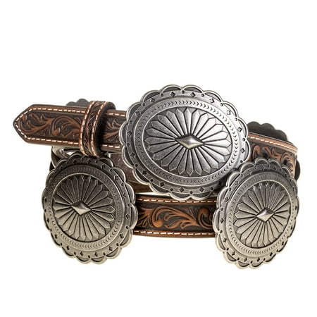 Ariat Womens Ladies` Brown Tooled Belt w/Silver Conchos Medium Leather