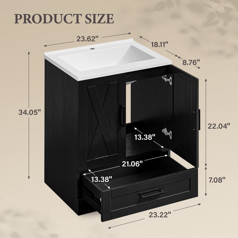 Lumihaven 24" Bathroom Vanity with Resin Sink, Freestanding Wood Vanity Cabinet with 2 Doors & 1 Drawer, Undermount Sink Storage Cabinet, Black