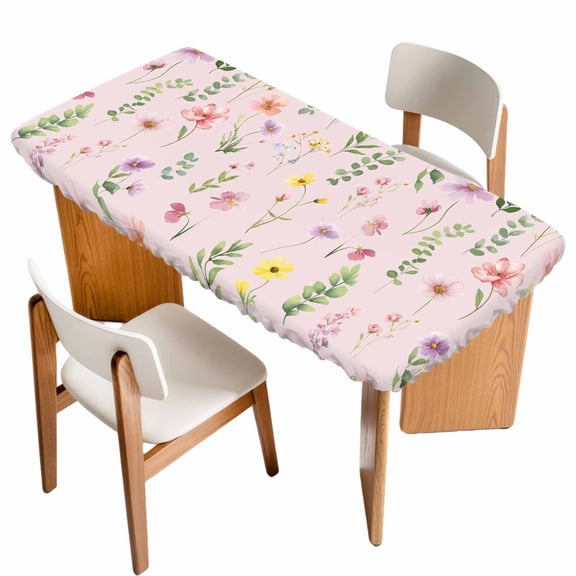 Pink Spring Floral Table Cloths for 6 Foot Rectangle Tables, Flowers Botanical Elegant Pastoral Patio Waterproof Elastic Fitted Tablecloths, Washable Rectangular Table Cover for Camping