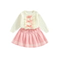 thumbnail image 1 of Faithtur 2PCS Filles Tout-Petits Automne Tenues, Manches Longues Noeud devant Tricot Tops + Ensemble de Jupe Plissée, 1 of 8