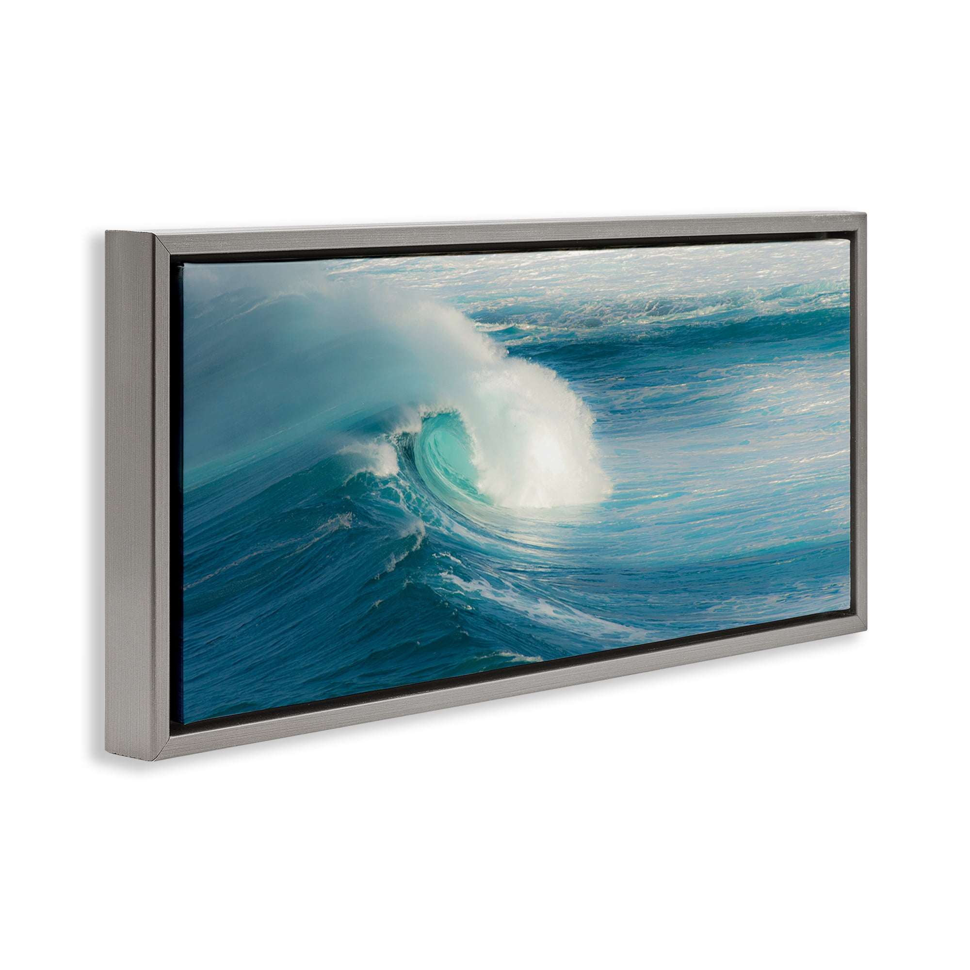 Stupell Industries Bending Ocean Wave Nautical & Beach Photography Gray Floater Framed Canvas Art Print Wall Art, 31 x 14