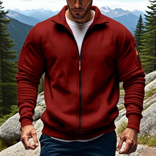 PEONAVET Mens Jacket Men's Solid Color Long Sleeved Stand-up Collar Zipper Fleece Thick Pocket Jacket
