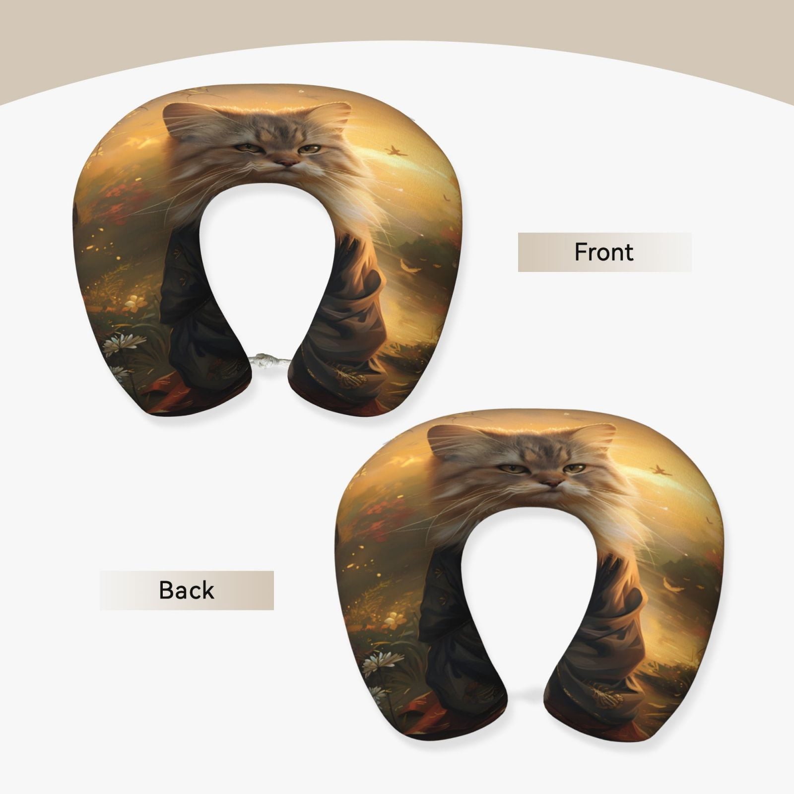 Xecao Lakeside Flower Field Cat Print Memory Foam Cervical Neck Pillow Versatile U-Shaped Pillows for Home,Office,Camping,Travelling,Soft Washable Cover